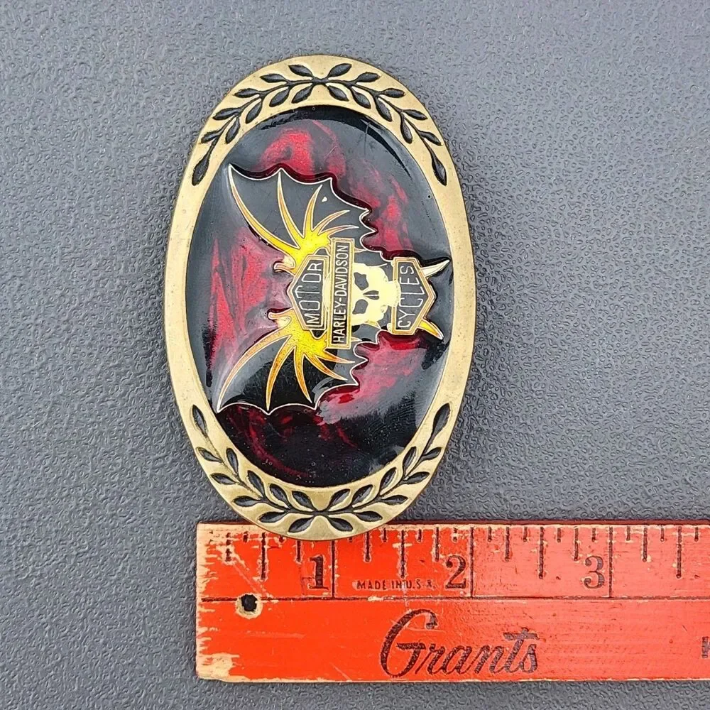 Vtg Harley Davidson Aminco Brass Belt Buckle Red Swirl Enamel Skull Bat Wings